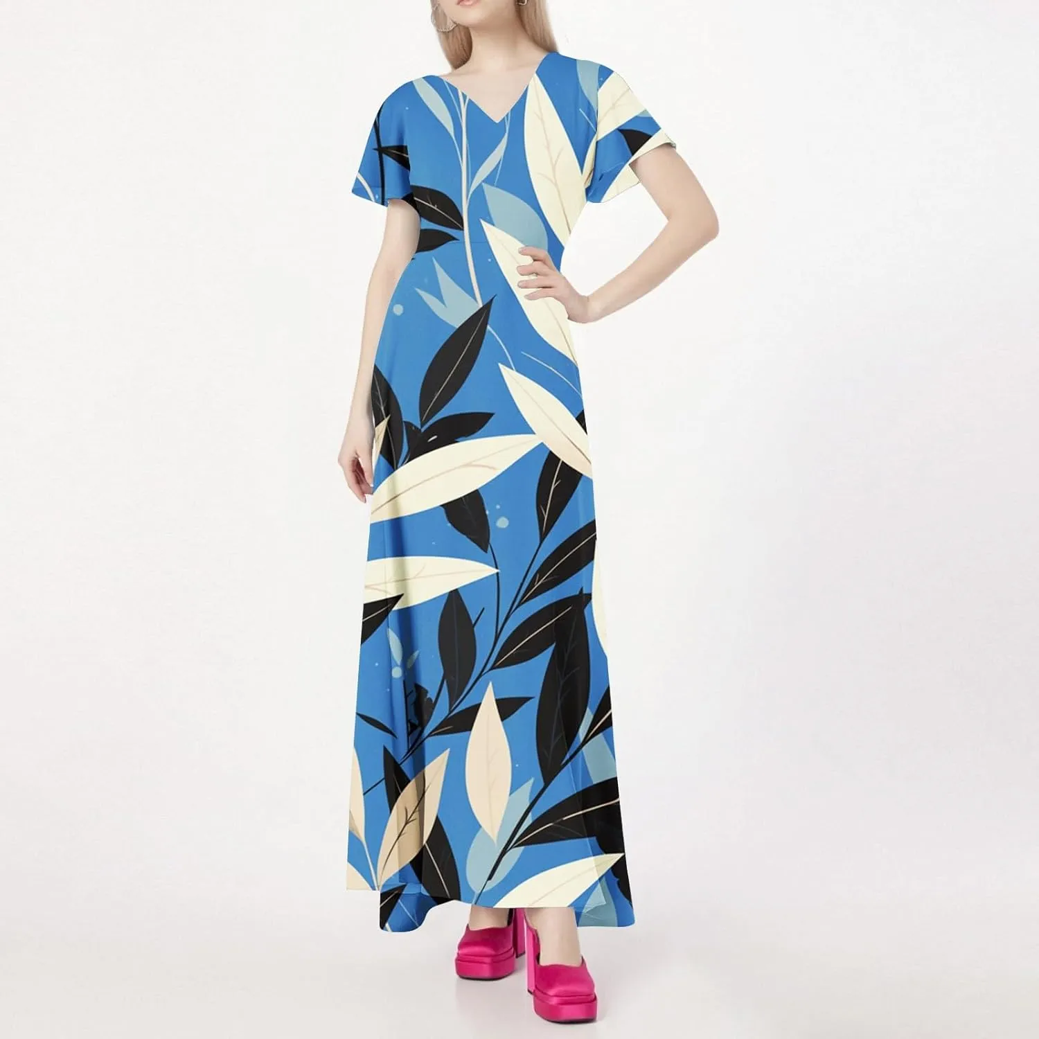 Maxi Dress for Women 2025 Summer Casual V-Neck Short Sleeve High Waist Big Swing Loose Long Beach Sundress