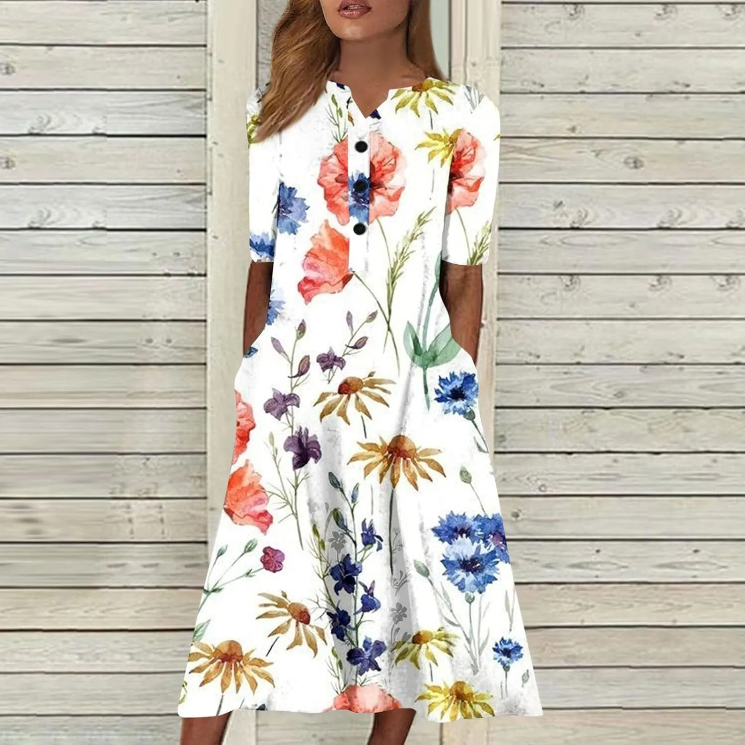 Maxi Dress for Women,2024 Summer Casual Loose V Neck Short Sleeve Beach Dress Flowy Long Dress with Pockets