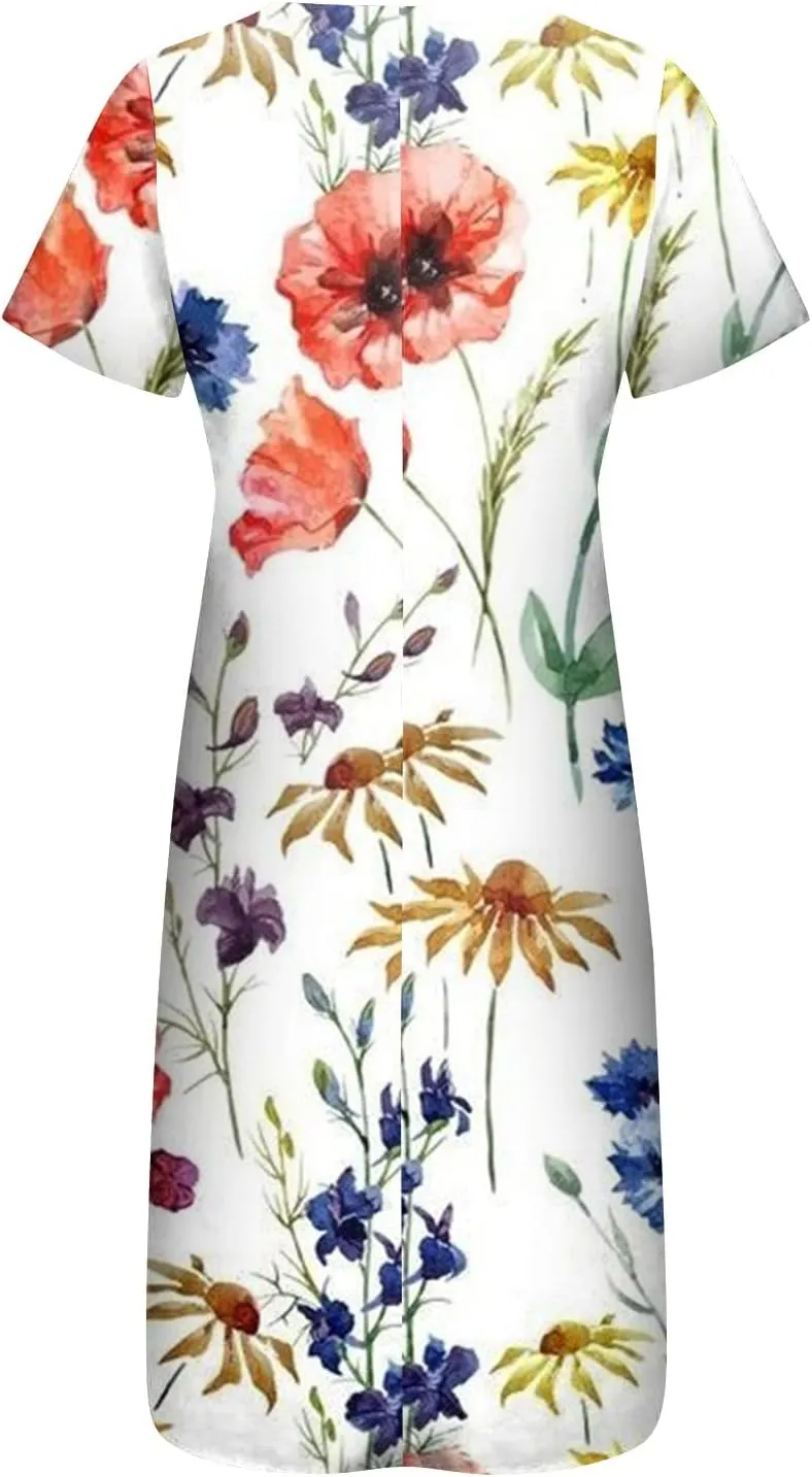 Maxi Dress for Women,2024 Summer Casual Loose V Neck Short Sleeve Beach Dress Flowy Long Dress with Pockets
