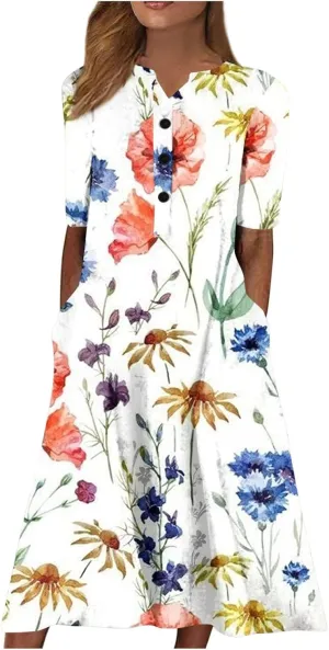 Maxi Dress for Women,2024 Summer Casual Loose V Neck Short Sleeve Beach Dress Flowy Long Dress with Pockets