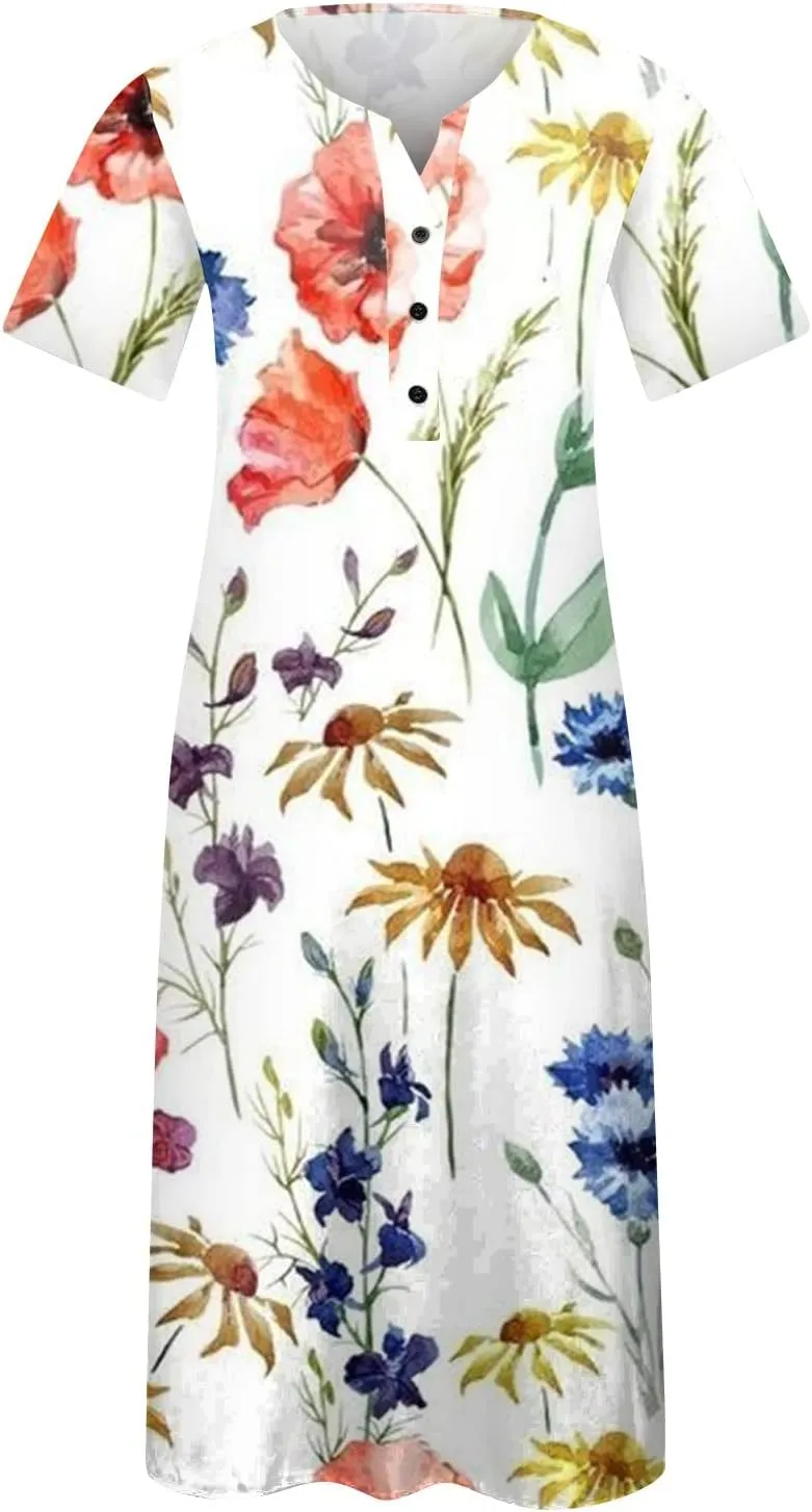 Maxi Dress for Women,2024 Summer Casual Loose V Neck Short Sleeve Beach Dress Flowy Long Dress with Pockets