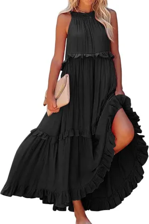 Maxi Dresses for Women 2025 Halter Flowy Ruffle Tiered Long Dress Casual Summer A Line Swing Beach Sundress