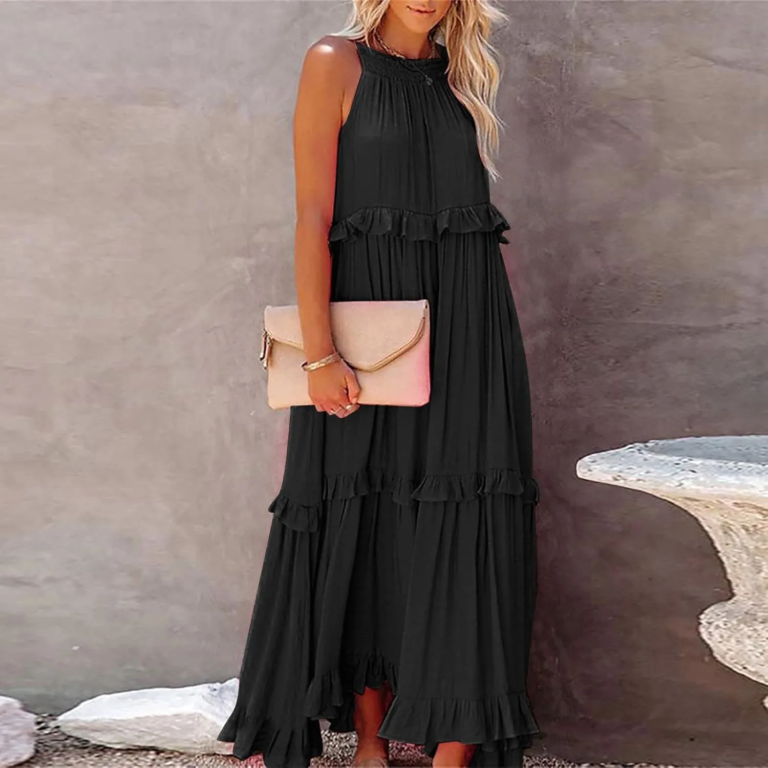 Maxi Dresses for Women 2025 Halter Flowy Ruffle Tiered Long Dress Casual Summer A Line Swing Beach Sundress
