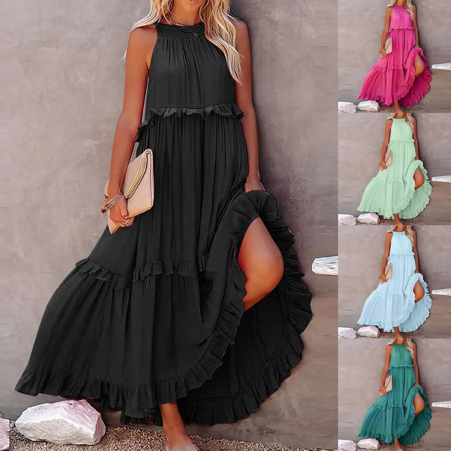 Maxi Dresses for Women 2025 Halter Flowy Ruffle Tiered Long Dress Casual Summer A Line Swing Beach Sundress