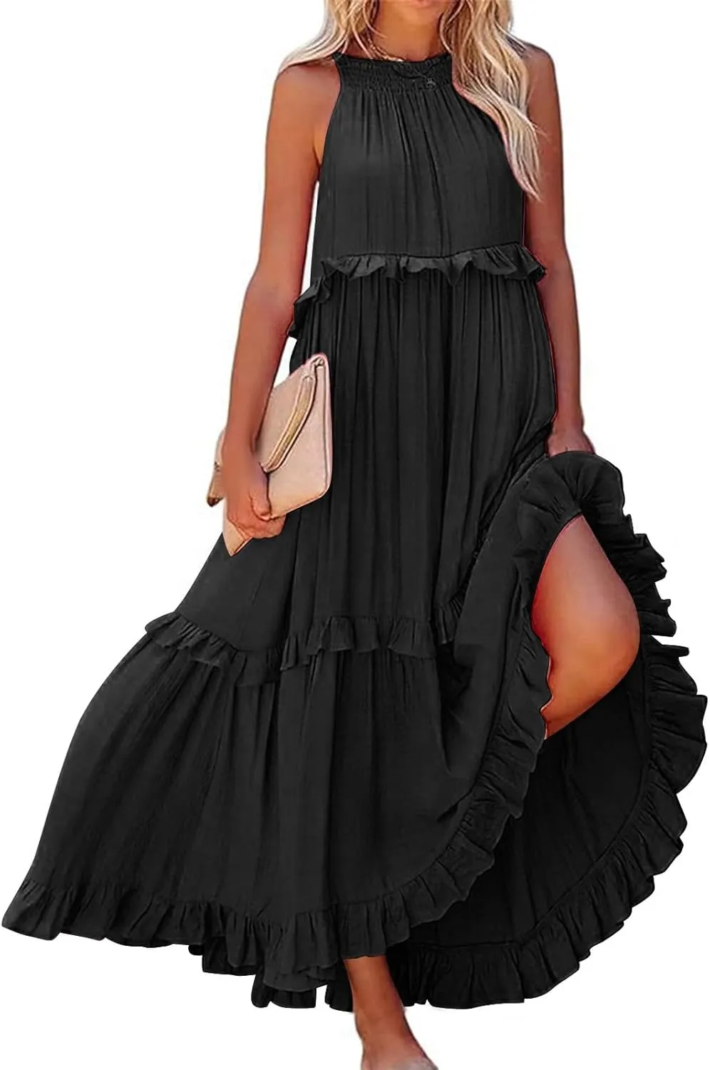Maxi Dresses for Women 2025 Halter Flowy Ruffle Tiered Long Dress Casual Summer A Line Swing Beach Sundress