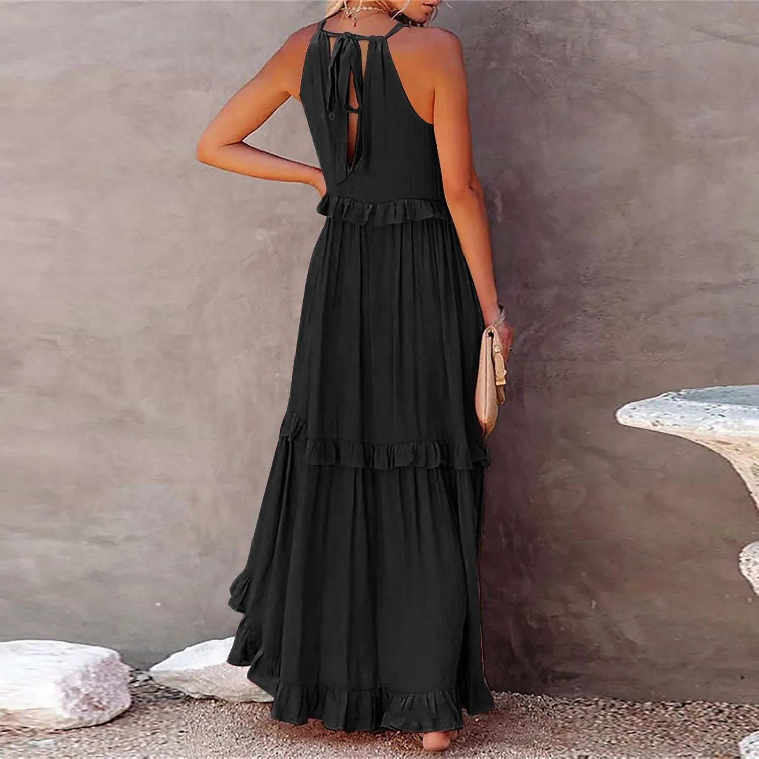 Maxi Dresses for Women 2025 Halter Flowy Ruffle Tiered Long Dress Casual Summer A Line Swing Beach Sundress
