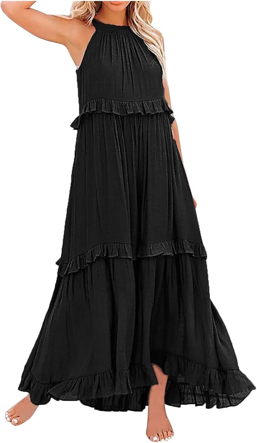 Maxi Dresses for Women 2025 Halter Flowy Ruffle Tiered Long Dress Casual Summer A Line Swing Beach Sundress