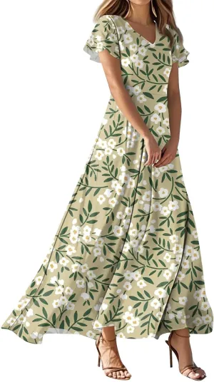Maxi Dresses for Women Casual Trendy Ruffle Sleeve Vintage Floral Vacation Swing Resort Wear Classy Boho Sundress
