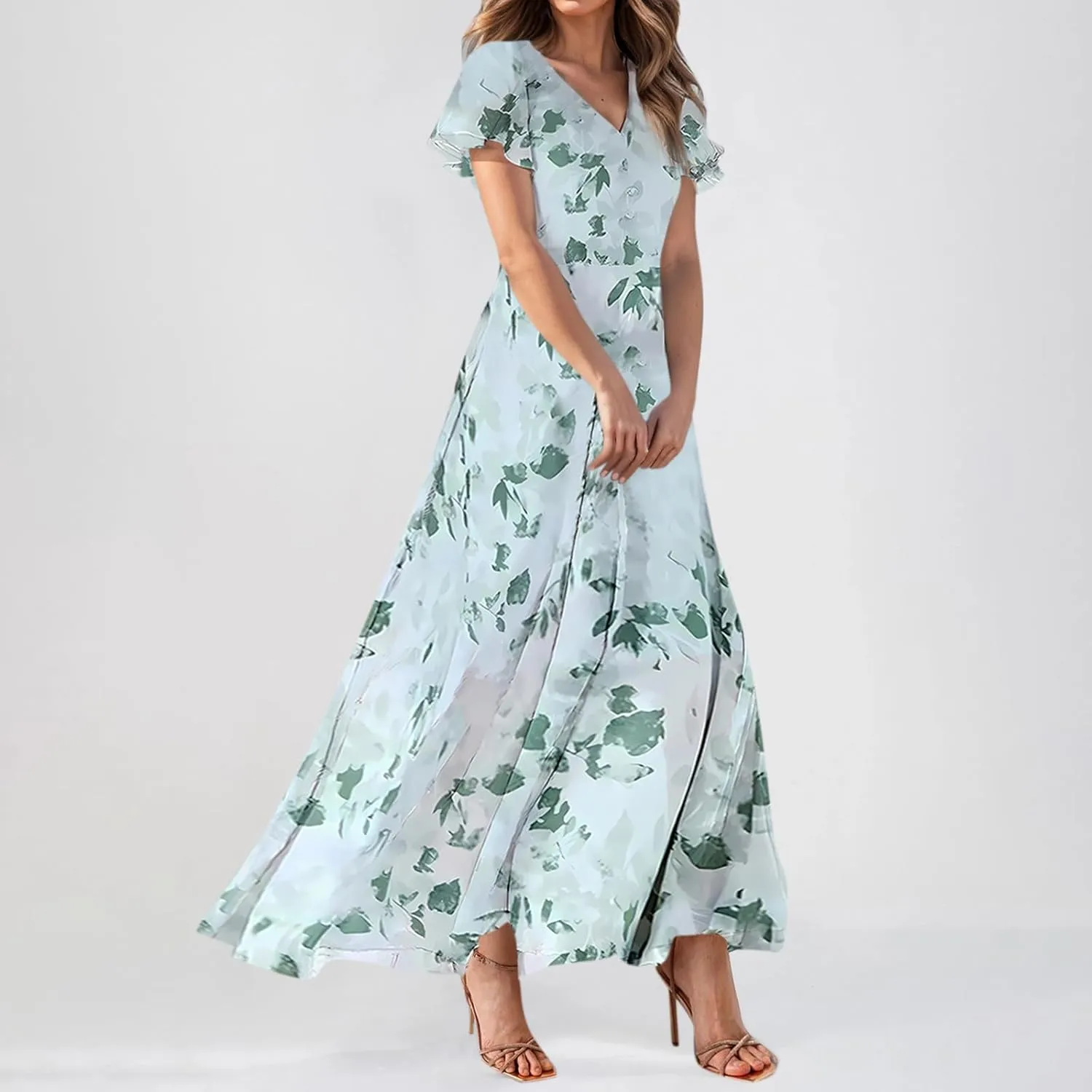 Maxi Dresses for Women Summer Highwaisted Prom Dress Floral Chiffon Flutter Sleeve Boho Dress Vneck Tea Party Dresses
