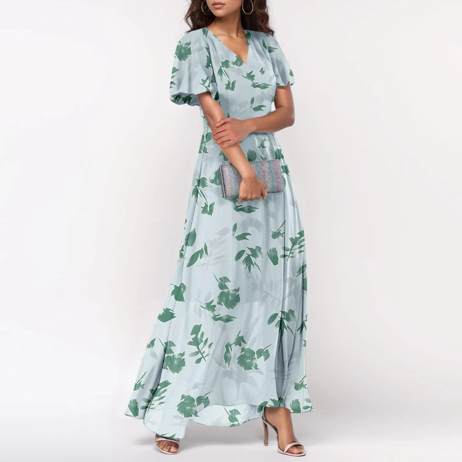 Maxi Dresses for Women Summer Highwaisted Prom Dress Floral Chiffon Flutter Sleeve Boho Dress Vneck Tea Party Dresses