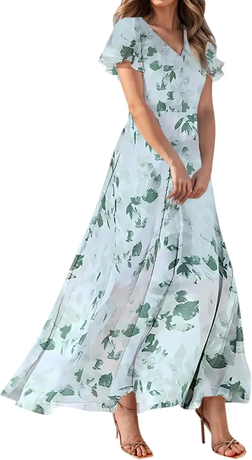 Maxi Dresses for Women Summer Highwaisted Prom Dress Floral Chiffon Flutter Sleeve Boho Dress Vneck Tea Party Dresses