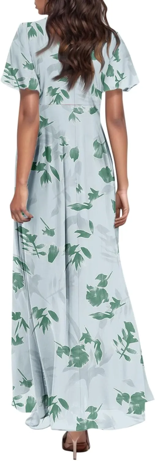 Maxi Dresses for Women Summer Highwaisted Prom Dress Floral Chiffon Flutter Sleeve Boho Dress Vneck Tea Party Dresses