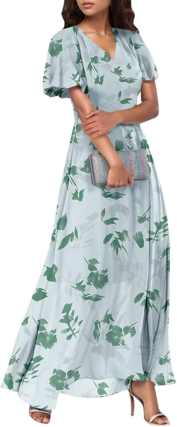 Maxi Dresses for Women Summer Highwaisted Prom Dress Floral Chiffon Flutter Sleeve Boho Dress Vneck Tea Party Dresses