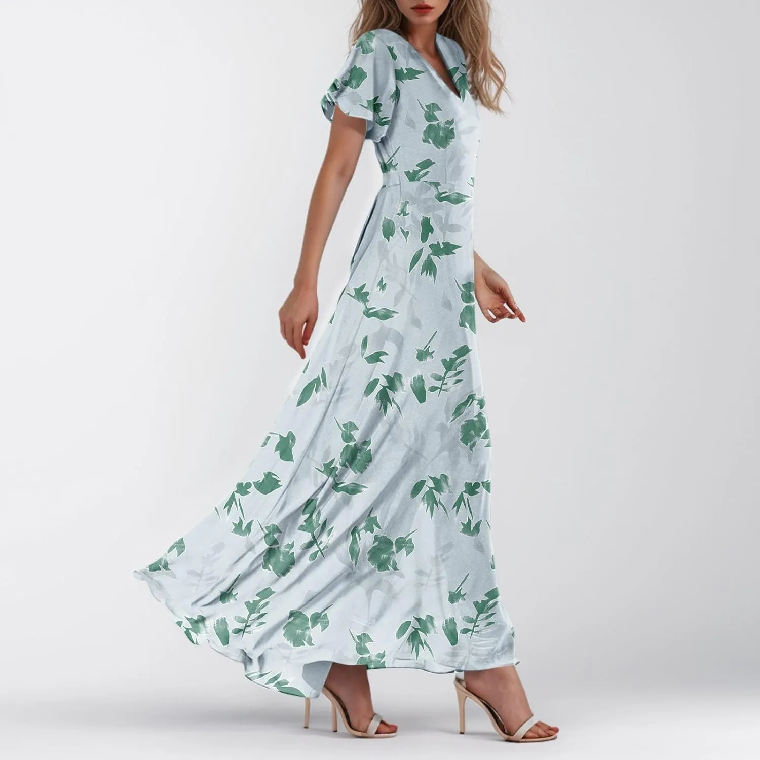 Maxi Dresses for Women Summer Highwaisted Prom Dress Floral Chiffon Flutter Sleeve Boho Dress Vneck Tea Party Dresses
