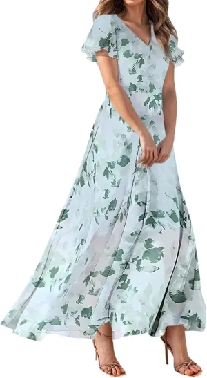 Maxi Dresses for Women Summer Highwaisted Prom Dress Floral Chiffon Flutter Sleeve Boho Dress Vneck Tea Party Dresses