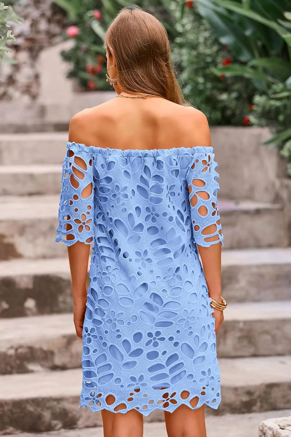 Melliflo Women's Off Shoulder Lace Shift Mini Dress Open Back Floral Crochet Casual Sundress A Line Loose Fit Mini Dress