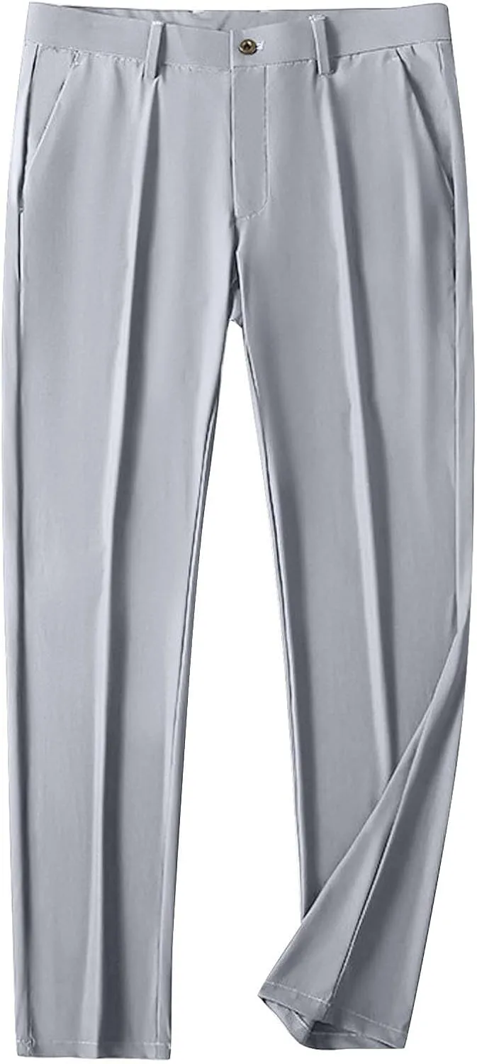 Men Business Pants Casual Straight Leg Trousers Lightweight Quick Drying Work Pants with Pockets Cropped Trousers