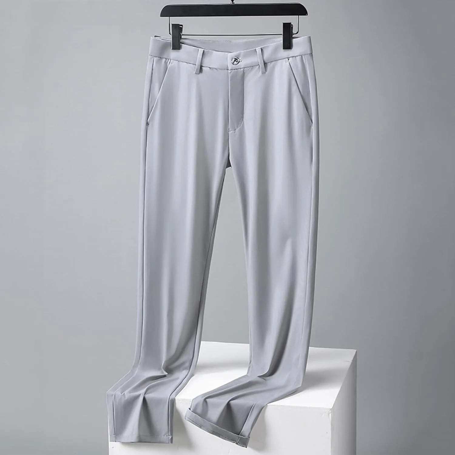 Men Business Pants Casual Straight Leg Trousers Lightweight Quick Drying Work Pants with Pockets Cropped Trousers