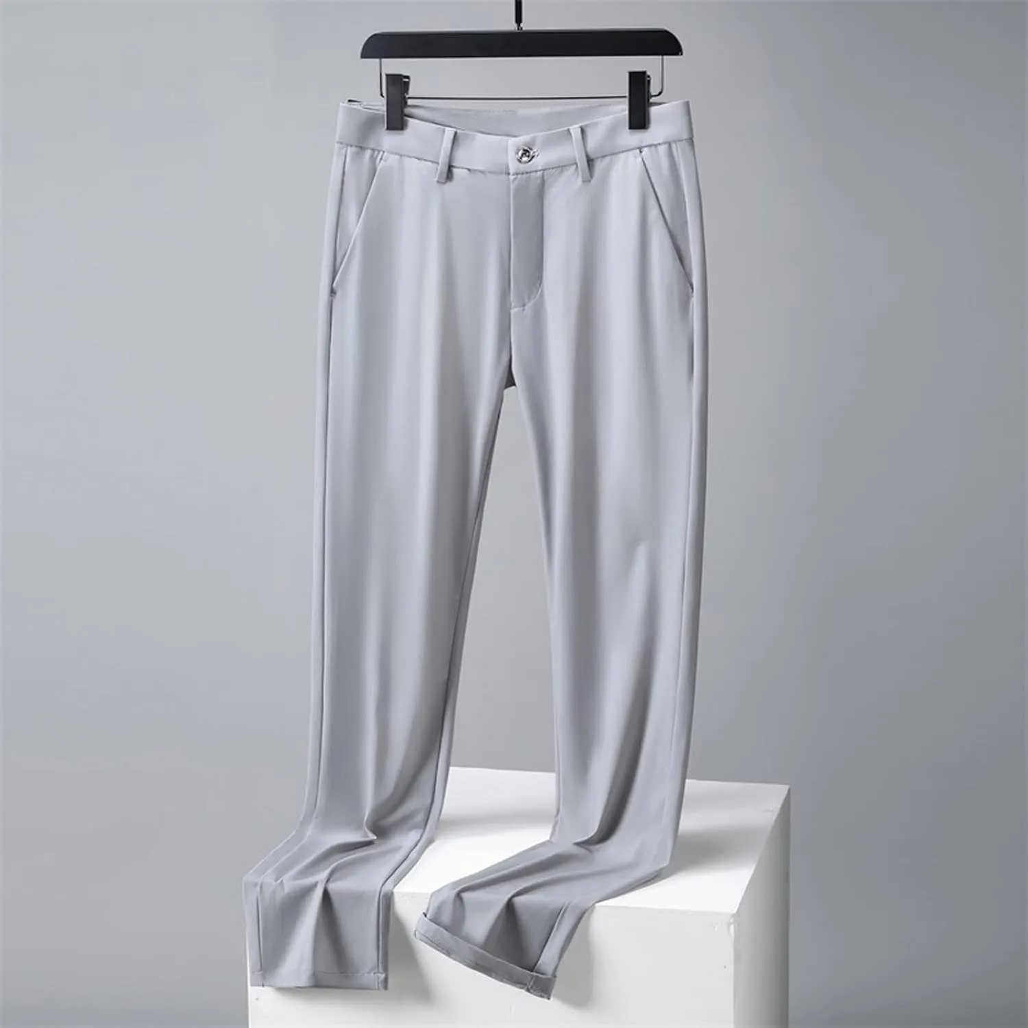 Men Business Pants Casual Straight Leg Trousers Lightweight Quick Drying Work Pants with Pockets Cropped Trousers