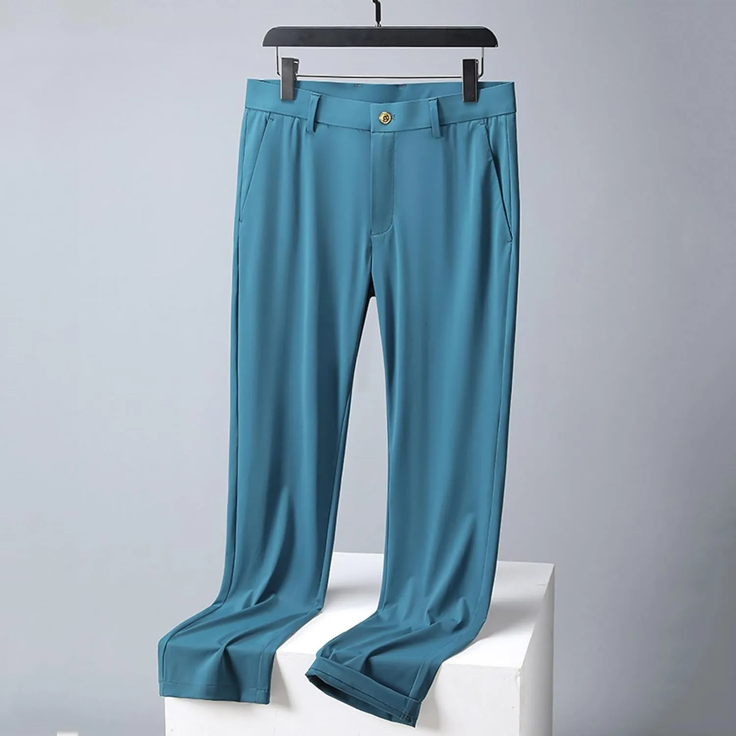Men Business Pants Casual Straight Leg Trousers Lightweight Quick Drying Work Pants with Pockets Cropped Trousers