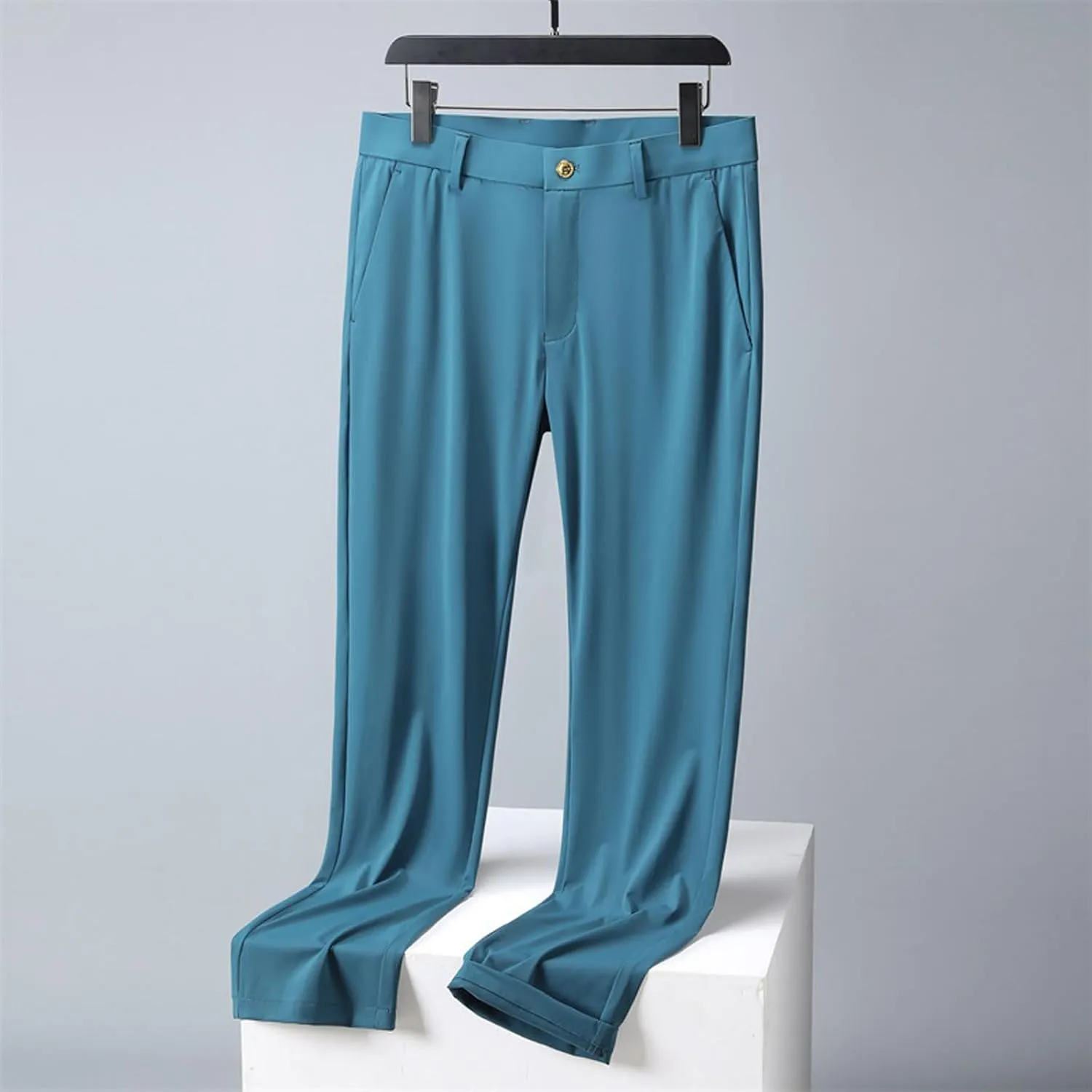 Men Business Pants Casual Straight Leg Trousers Lightweight Quick Drying Work Pants with Pockets Cropped Trousers