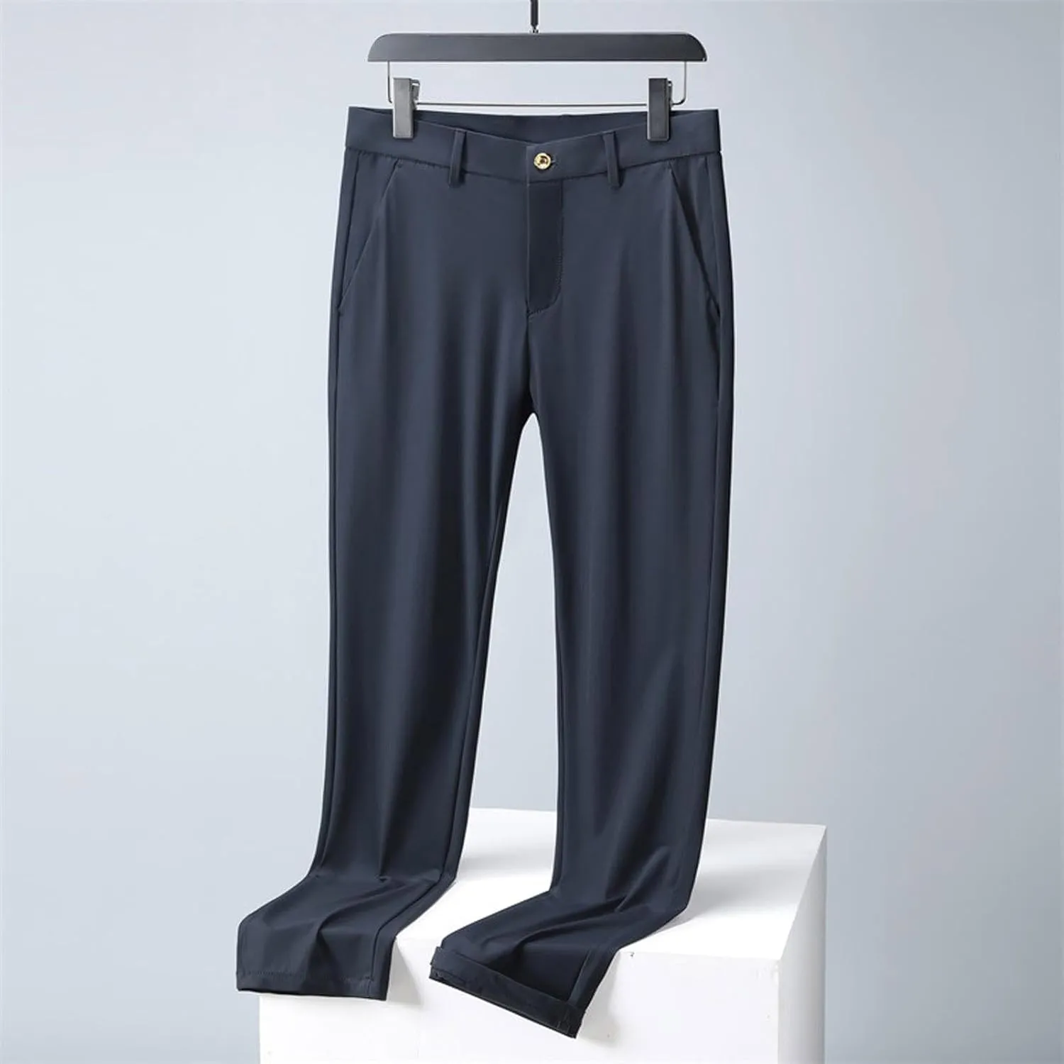 Men Business Pants Casual Straight Leg Trousers Lightweight Quick Drying Work Pants with Pockets Cropped Trousers
