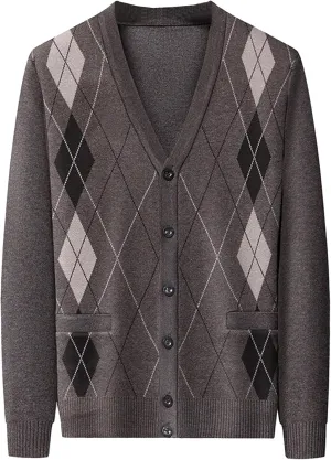 Men's Argyle Knitted Sweater Lightweight Button Down Male Knits Jackets Casual V-neck Knit Sweaters Coat
