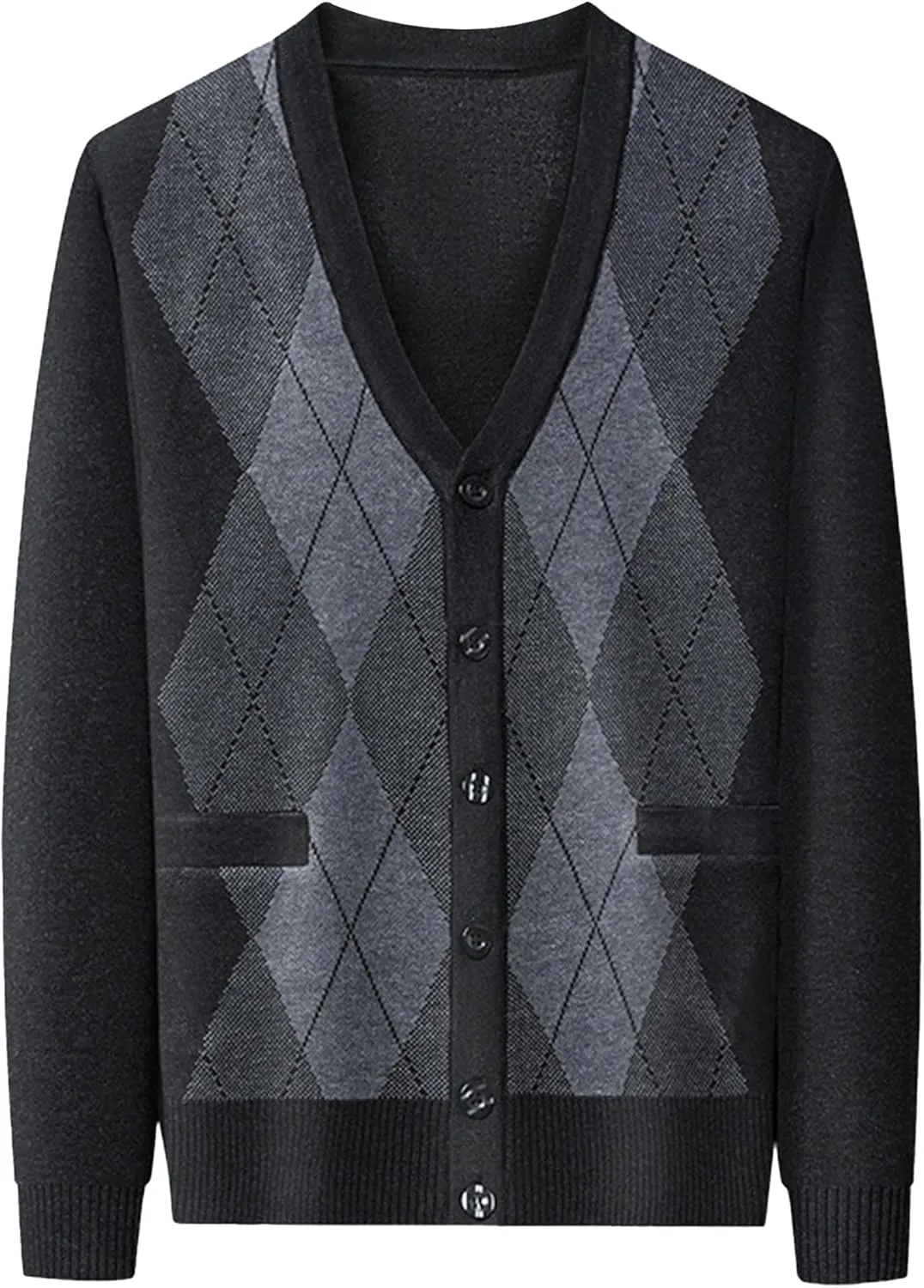 Men's Argyle Knitted Sweater Lightweight Button Down Male Knits Jackets Casual V-neck Knit Sweaters Coat