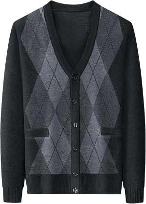 Men's Argyle Knitted Sweater Lightweight Button Down Male Knits Jackets Casual V-neck Knit Sweaters Coat