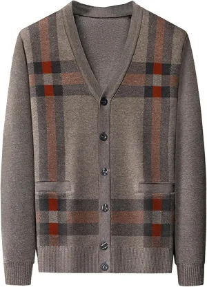 Men's Argyle Knitted Sweater Lightweight Button Down Male Knits Jackets Casual V-neck Knit Sweaters Coat