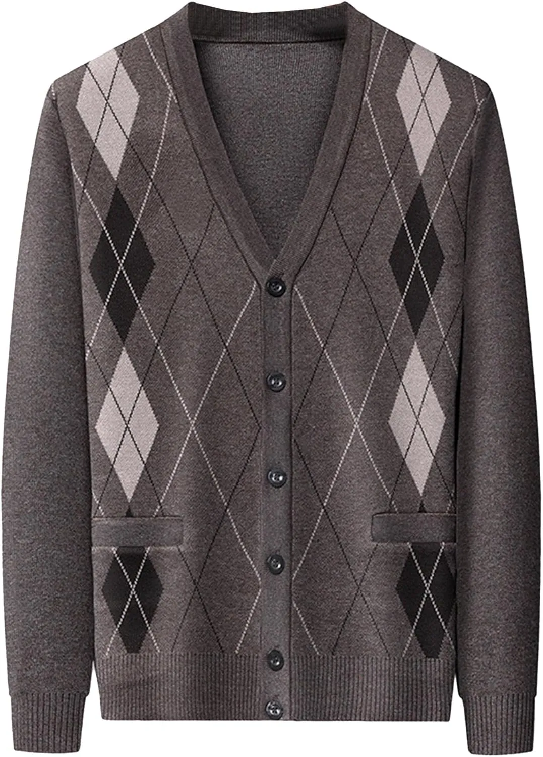 Men's Argyle Knitted Sweater Lightweight Button Down Male Knits Jackets Casual V-neck Knit Sweaters Coat