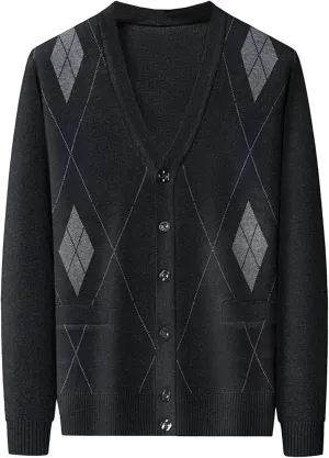 Men's Argyle Knitted Sweater Lightweight Button Down Male Knits Jackets Casual V-neck Knit Sweaters Coat