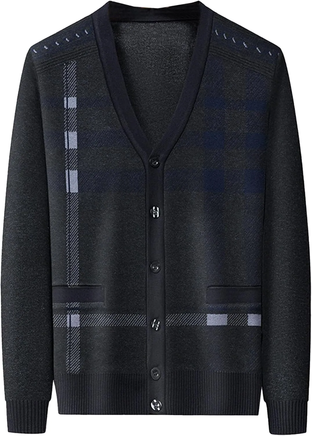 Men's Argyle Knitted Sweater Lightweight Button Down Male Knits Jackets Casual V-neck Knit Sweaters Coat