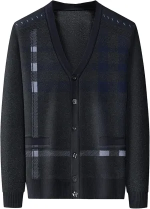Men's Argyle Knitted Sweater Lightweight Button Down Male Knits Jackets Casual V-neck Knit Sweaters Coat