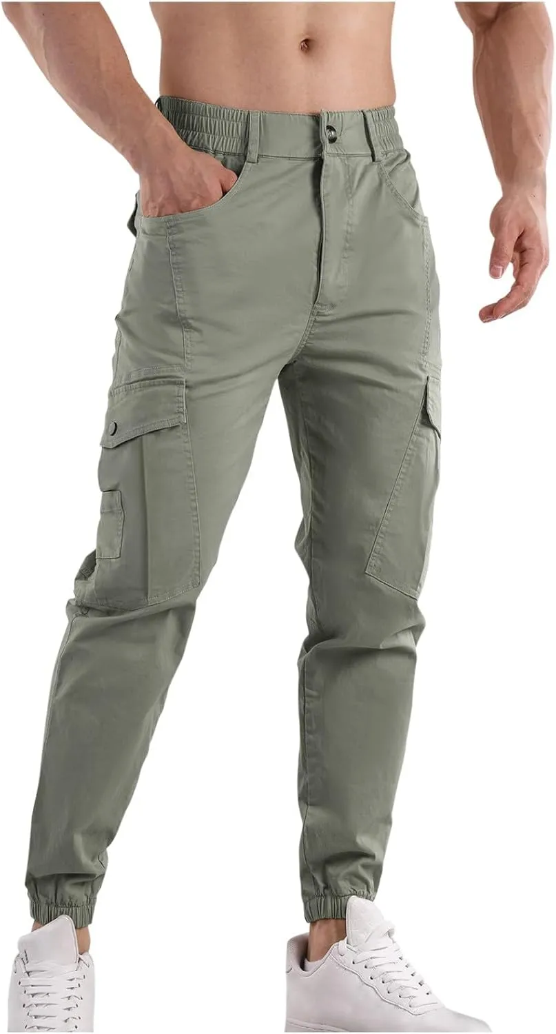Mens Cargo Pants Multi Pockets Straight Expandable Waist Trousers Solid Cinch Bottom Pants Cotton Athletic Pants