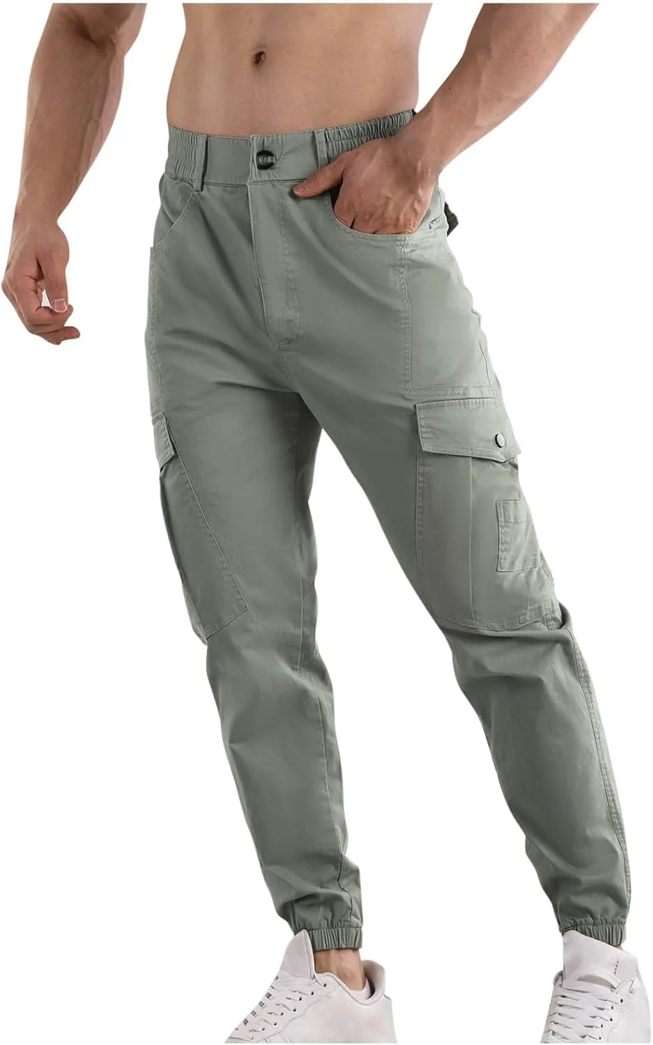 Mens Cargo Pants Multi Pockets Straight Expandable Waist Trousers Solid Cinch Bottom Pants Cotton Athletic Pants