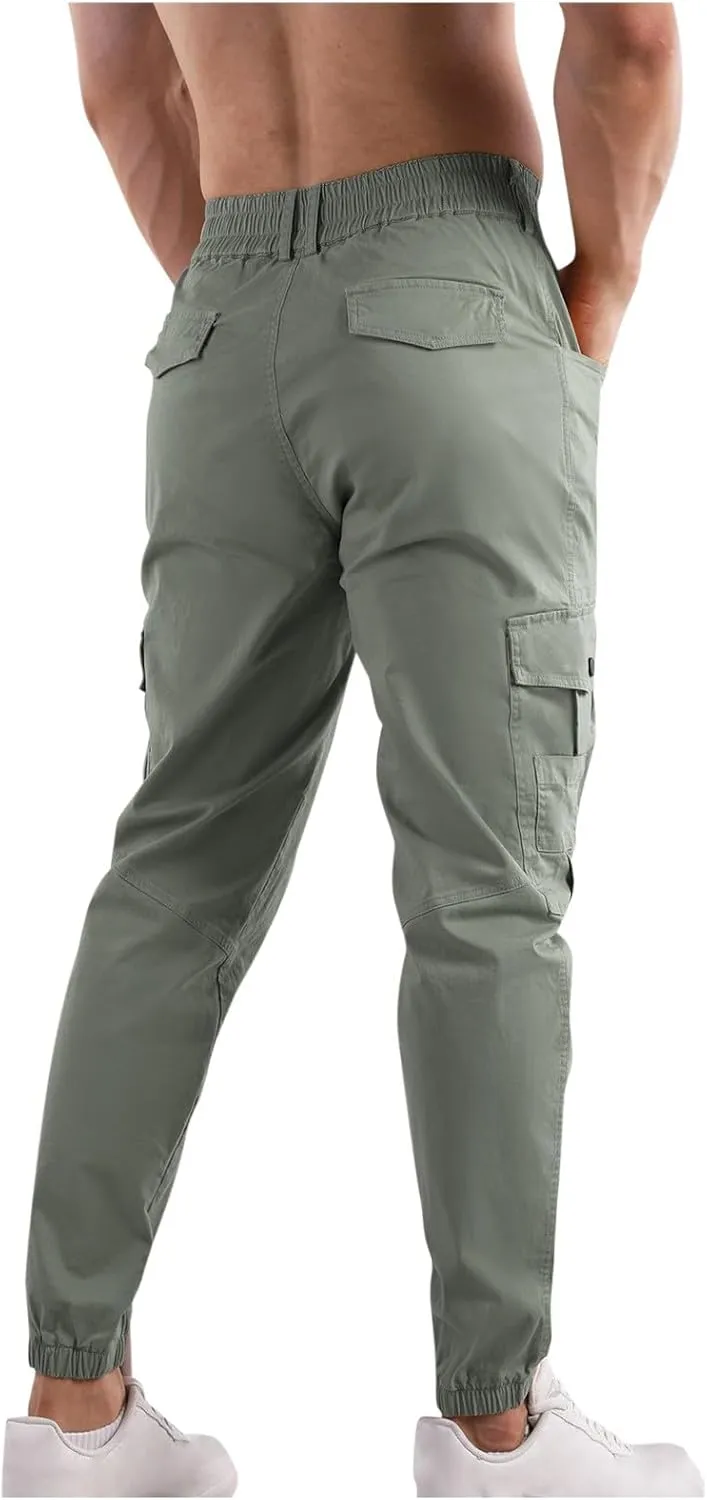 Mens Cargo Pants Multi Pockets Straight Expandable Waist Trousers Solid Cinch Bottom Pants Cotton Athletic Pants