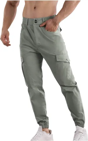 Mens Cargo Pants Multi Pockets Straight Expandable Waist Trousers Solid Cinch Bottom Pants Cotton Athletic Pants
