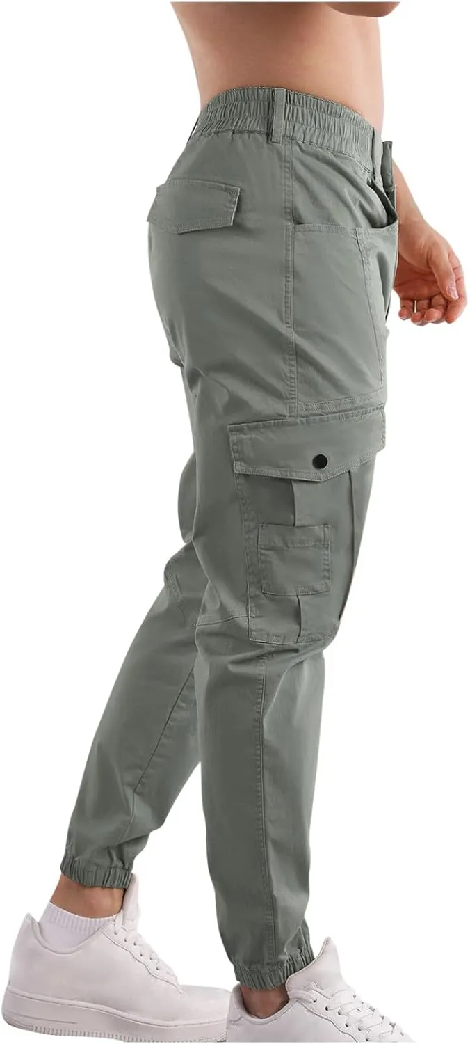 Mens Cargo Pants Multi Pockets Straight Expandable Waist Trousers Solid Cinch Bottom Pants Cotton Athletic Pants