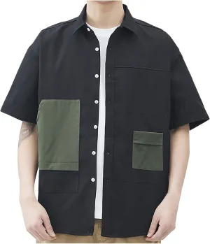 Mens Casual Button Down Shirts Oversized Short Sleeve Casual Shacket Jacket with Pockets Color Block Patchwork Summer Jacket