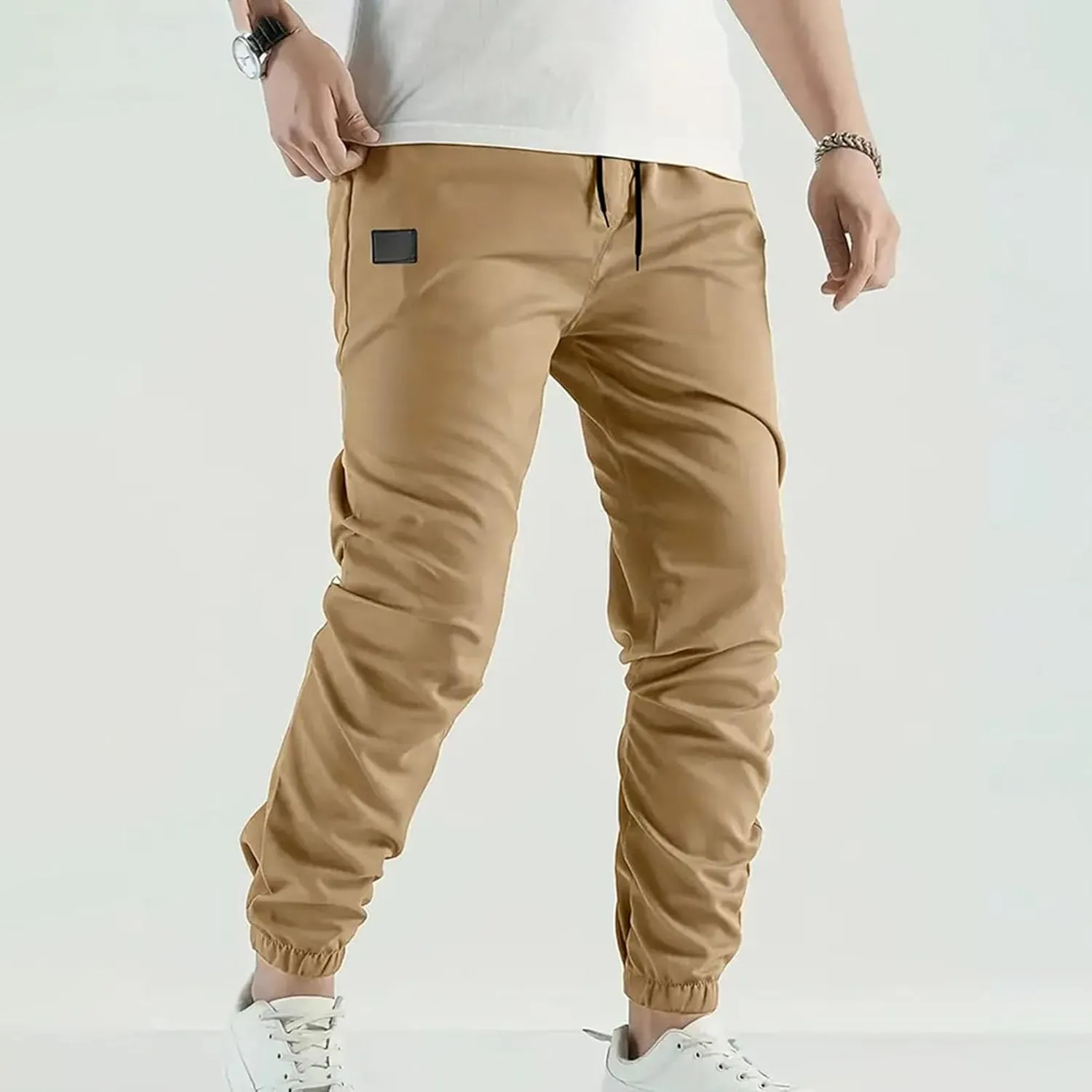 Mens Casual Pants Elastic Waist Loose Fit Cinch Bottom Trousers Plus Size Stretch Drawstring Active Pants with Pocket