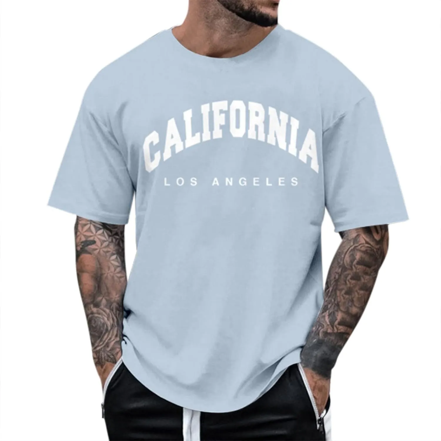 Mens Casual T-Shirt Summer Work Sports Short Sleeve Shirts Fashion Cotton Print Oversize Comfortable Round Neck Tees