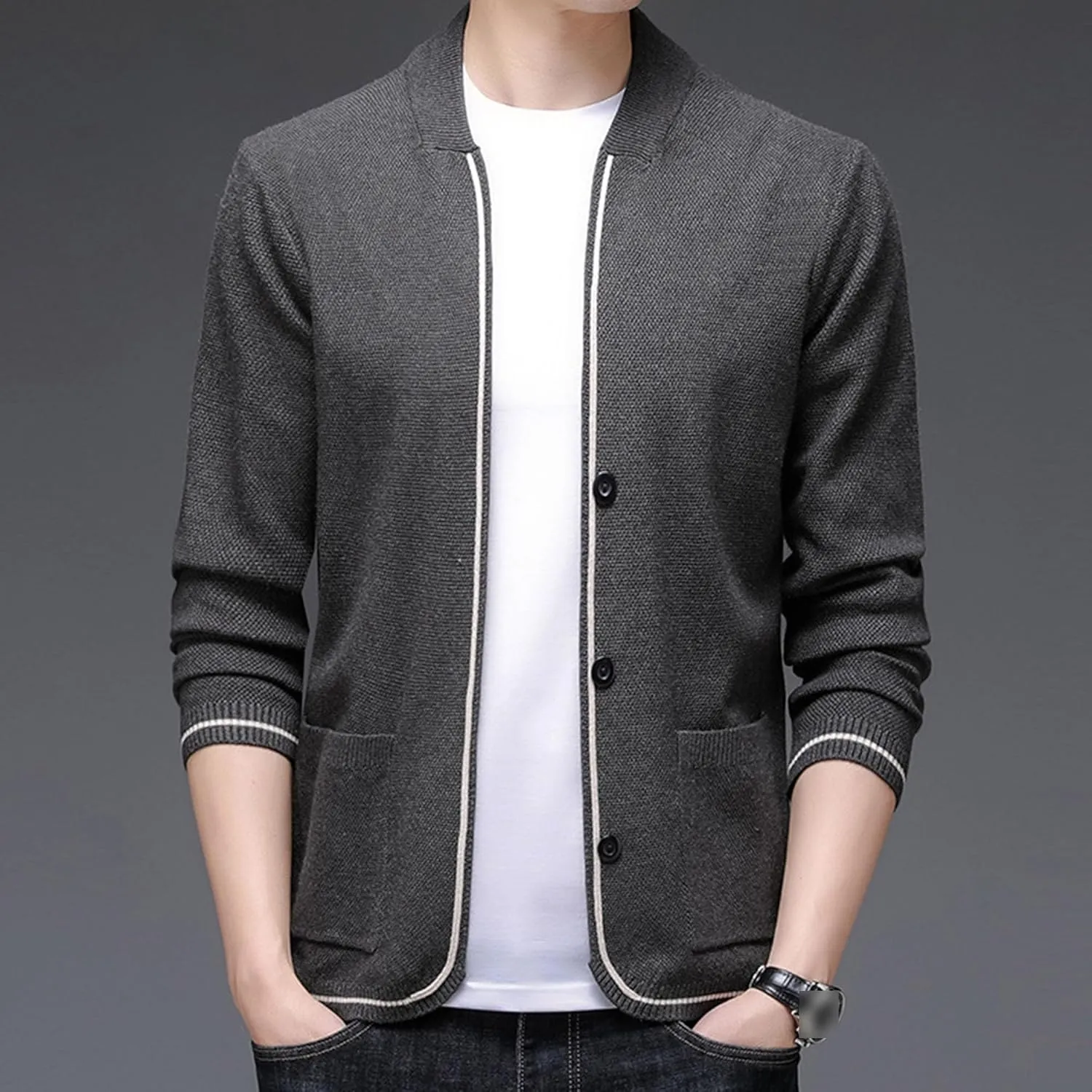 Men's Collar Knitted Cardigan Button Down Male Knits with Pockets Winter Long Sleeve Knit Cardigans