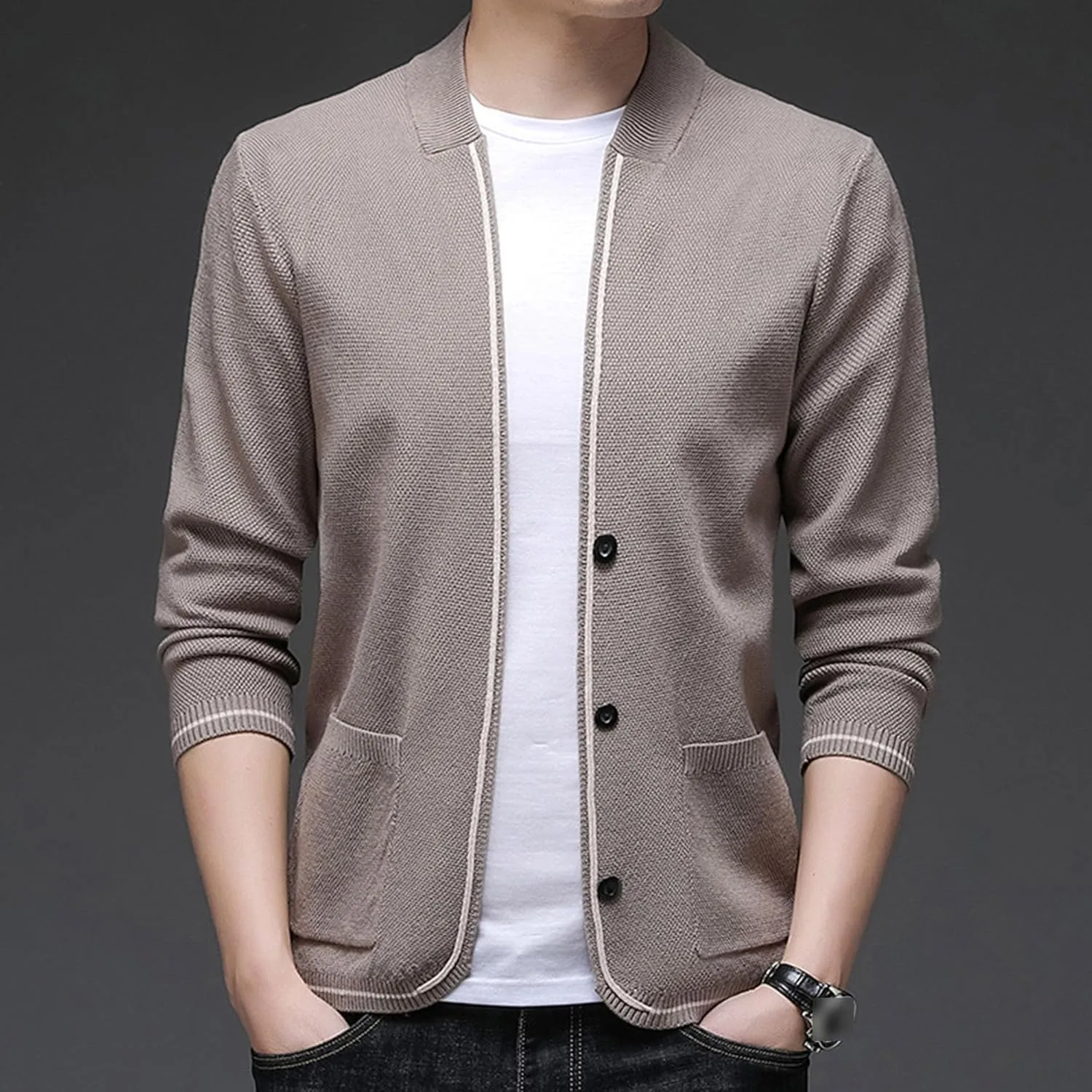 Men's Collar Knitted Cardigan Button Down Male Knits with Pockets Winter Long Sleeve Knit Cardigans