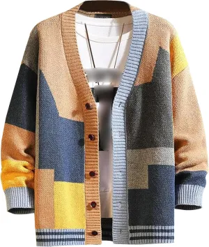 Men's Color Block Knitted Jacket Lightweight Patch Male Knit Sweaters Jackets Slim Fit V-Neck Knits Sweater Coat