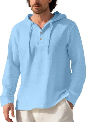 Mens Cotton Linen Hoodies Long Sleeve V Neck Button Down Hooded Shirt Sun Protection Lightweight Beach Shirt
