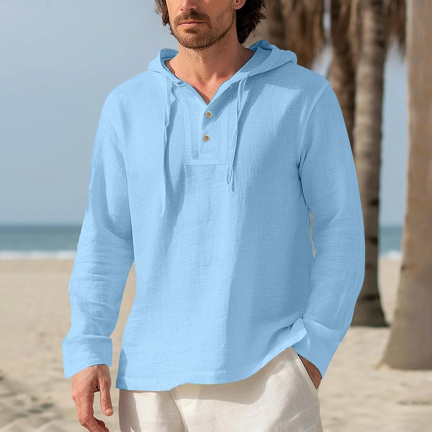 Mens Cotton Linen Hoodies Long Sleeve V Neck Button Down Hooded Shirt Sun Protection Lightweight Beach Shirt