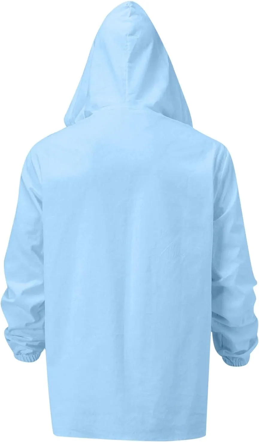 Mens Cotton Linen Hoodies Long Sleeve V Neck Button Down Hooded Shirt Sun Protection Lightweight Beach Shirt