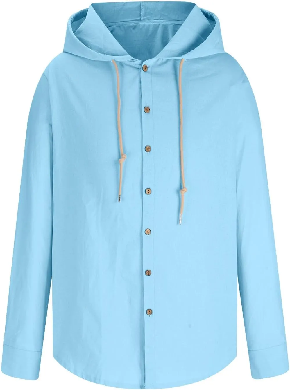 Mens Cotton Linen Shirts Fashion Casual Solid Color Button Tops Loose Fit Drawstring Long Sleeve with Hooded Blouse