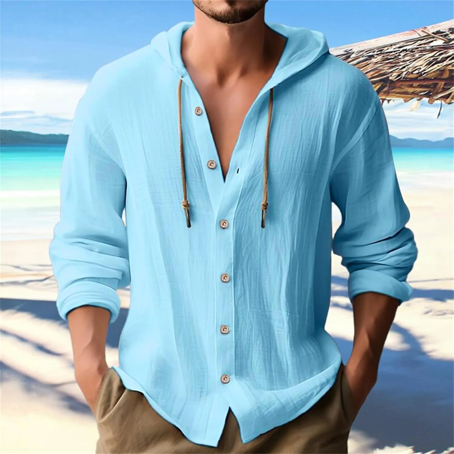 Mens Cotton Linen Shirts Fashion Casual Solid Color Button Tops Loose Fit Drawstring Long Sleeve with Hooded Blouse